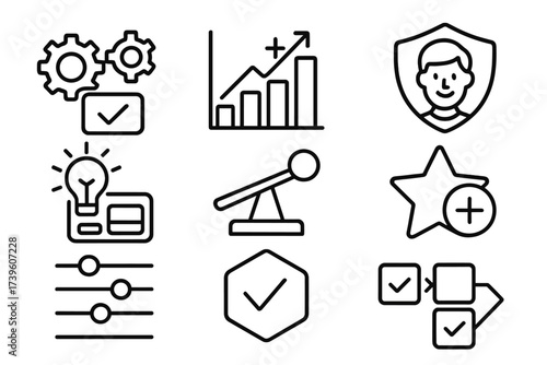 Product Reconfiguration Icons. Line style icons of product reconfiguration: function bundling icon, service addition chart,