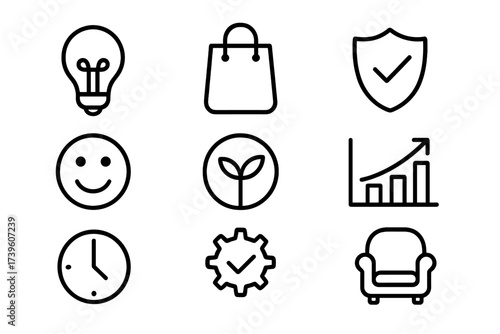 Buyer Utility Icons. Line style icons of buyer utility levers: simplicity icon, convenience symbol, risk reduction badge, fun and
