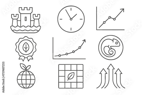 Sustainability Line Icons. Line style icons of long-term sustainability: strategic moat icon, market longevity clock, innovation