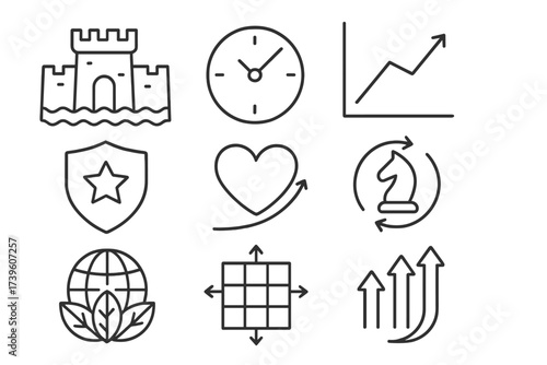 Sustainability Line Icons. Line style icons of long-term sustainability: strategic moat icon, market longevity clock, innovation