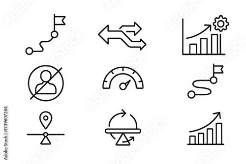 Change Management Icons. Line style icons of change management in strategy shift: transition roadmap icon, communication arrows,