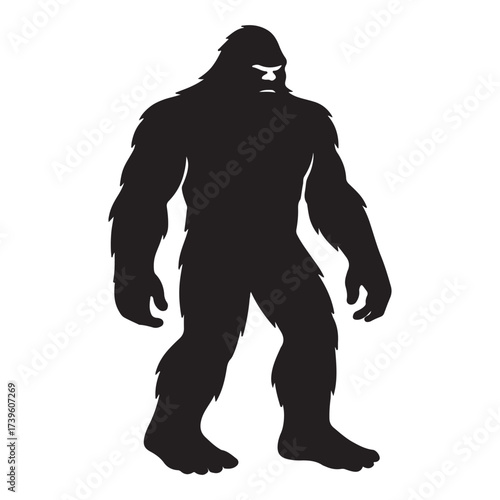 Black and white silhouette of a walking Yeti bigfoot