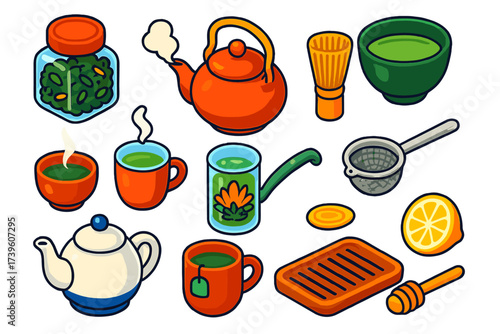 Tea Traditions Icons. Isometric vector illustration set Tea traditions: loose leaf jar, teapot with steam, bamboo whisk, tea