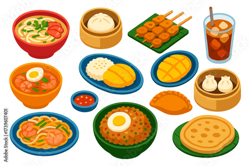 Southeast Asian Street Eats. Isometric vector illustration set Southeast Asian street eats: pho noodle soup, banh bao dumpling,