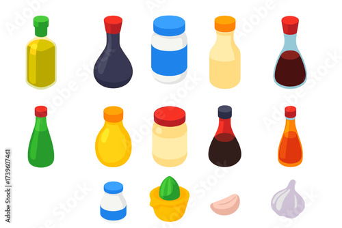 Vibrant Salad Dressings. Isometric vector illustration set Salad dressings: olive oil bottle, balsamic vinegar, ranch dressing jar