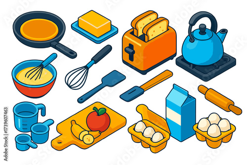 Vibrant Kitchen Essentials. Isometric vector illustration set Kitchen breakfast cooking: frying pan with pancake, butter stick,