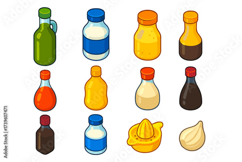 Vibrant Salad Dressings. Isometric vector illustration set Salad dressings: olive oil bottle, balsamic vinegar, ranch dressing jar