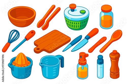 Vibrant Salad Tools Collection. Isometric vector illustration set Salad kitchen tools: wooden salad bowl, tongs utensil, salad