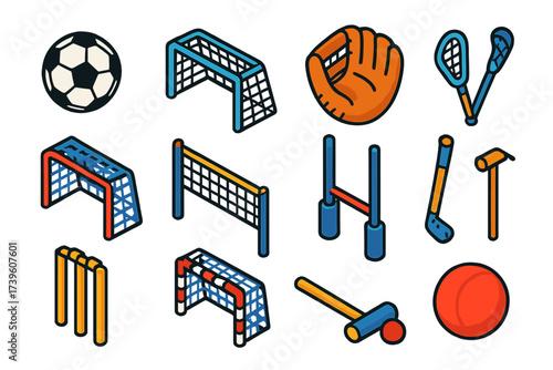 Sports Icons Collection. Isometric vector illustration set Team sports icons: soccer ball, football goal net, basketball hoop rim,