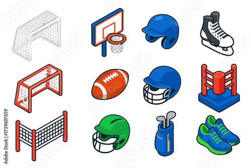 Vibrant Sports Gear Icons. Isometric vector illustration set Professional sports gear: football goal with net, basketball hoop