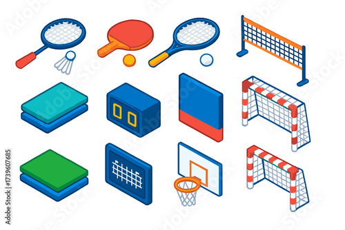Vibrant Indoor Sports Icons. Isometric vector illustration set Indoor gym sports: badminton racket, table tennis paddle, tennis