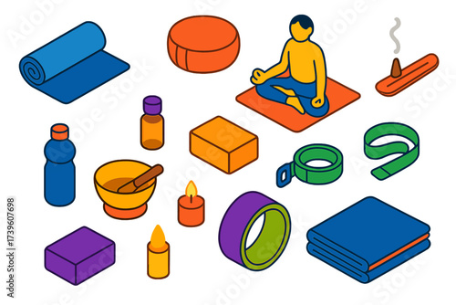 Isometric Yoga Icons. Isometric vector illustration set Yoga practice: yoga mat rolled, meditation cushion, lotus pose figure,