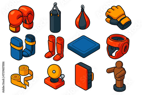 Combat Sports Equipment. Isometric vector illustration set Combat sports: boxing gloves, heavy bag, speed bag, MMA gloves, kick