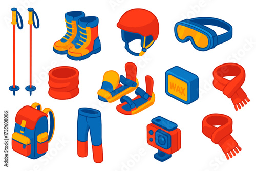 Vibrant Snow Gear Icons. Isometric vector illustration set Snow gear accessories: ski poles, snowboard boots, helmet, goggles,