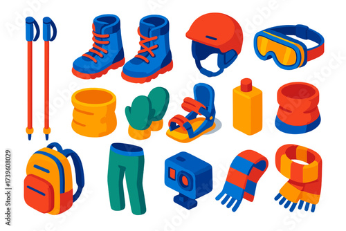 Vibrant Snow Gear Icons. Isometric vector illustration set Snow gear accessories: ski poles, snowboard boots, helmet, goggles,