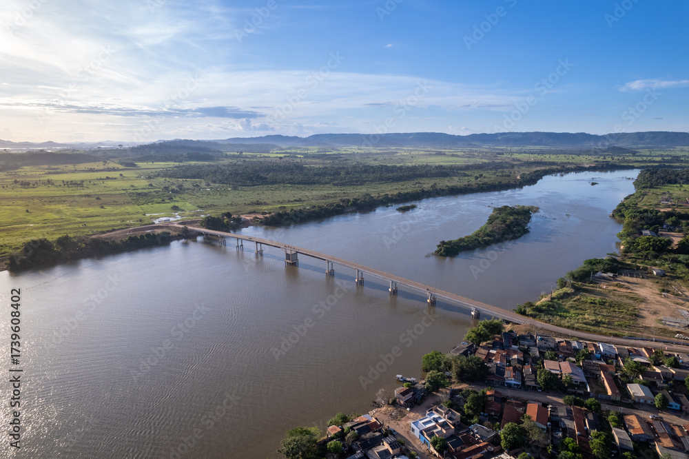 Fototapeta premium Beautiful view of the city of São Félix do Xingu skyline and the Xingu River in the Amazon rainforest. Concepts of climate, environment, ecology, conservation, climate change, global warming.