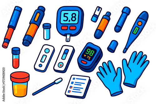 Modern Diagnostics Tools. Isometric vector illustration set Modern diagnostics: insulin pen, blood glucose meter, test strip pack,