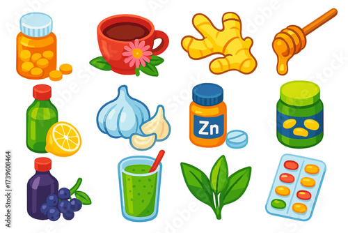 Immunity Boosters Icons. Isometric vector illustration set Immunity boosters: vitamin C tablets, echinacea tea, ginger root, honey
