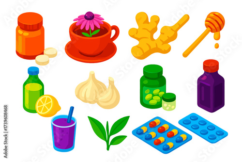 Immunity Boosters Icons. Isometric vector illustration set Immunity boosters: vitamin C tablets, echinacea tea, ginger root, honey
