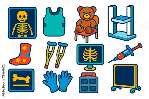 Pediatric Radiology Icons. Isometric vector illustration set Pediatric radiology: child X-ray image, small protective apron, teddy