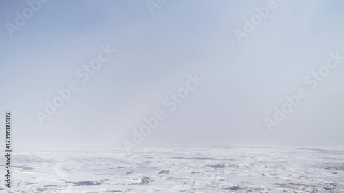 Expansive frozen seascape under a pale, hazy winter sky, with vast sheets of snow and fractured sea ice stretching to a soft horizon, evoking silence and polar serenity
