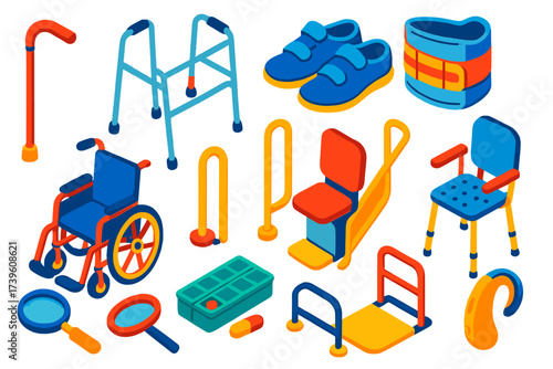 Elderly Support Icons. Isometric vector illustration set Elderly support: walking cane, rollator walker, orthopedic shoes, support