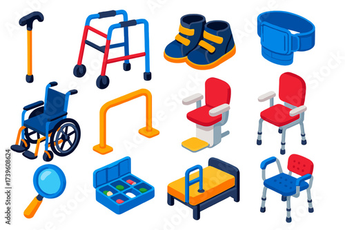 Elderly Support Icons. Isometric vector illustration set Elderly support: walking cane, rollator walker, orthopedic shoes, support