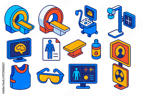 Diagnostic Imaging Isometric Icons. Isometric vector illustration set Diagnostic imaging: MRI scanner, CT machine, ultrasound