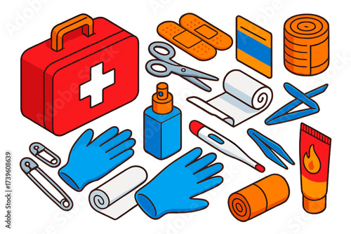 Essential First Aid Kit. Isometric vector illustration set First aid essentials: red first aid kit box, adhesive bandages,