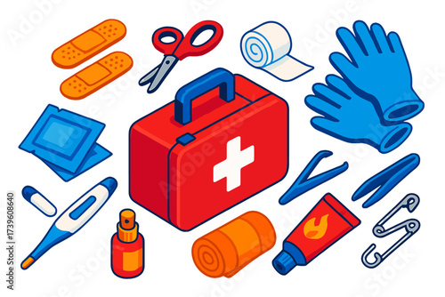 Essential First Aid Kit. Isometric vector illustration set First aid essentials: red first aid kit box, adhesive bandages,
