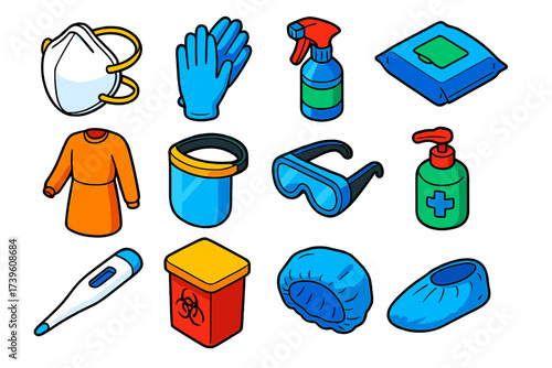 Medical Protection Icons. Isometric vector illustration set Medical protection kit: N95 mask, nitrile gloves, sanitizer spray,