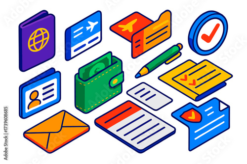 Travel Essentials Icons. Isometric vector illustration set Travel documents: passport, boarding pass, airplane ticket, visa stamp,