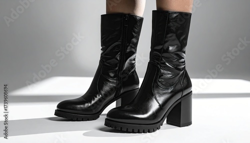 Studio Shot of Black Leather Heeled Boots on White Background with Bright Lighting