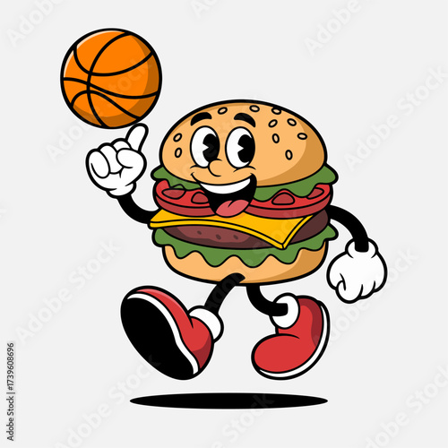a hamburger character running with a basketball