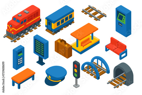 Railway Travel Icons. Isometric vector illustration set Railway travel: train engine, passenger carriage, railway tracks, station
