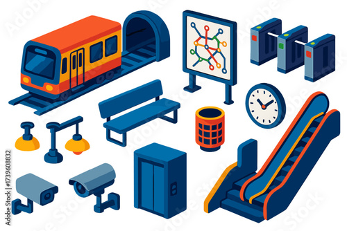 Isometric Metro Illustration. Isometric vector illustration set Underground station: metro train, tunnel, information map board,