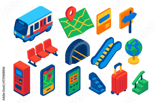 Metro Icon Set. Isometric vector illustration set Global metro icons: subway train, folded city map, ticket pass, platform seats,