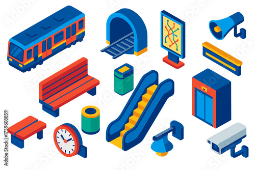 Isometric Metro Illustration. Isometric vector illustration set Underground station: metro train, tunnel, information map board,