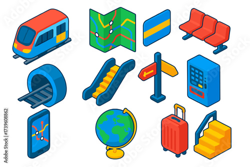 Metro Icon Set. Isometric vector illustration set Global metro icons: subway train, folded city map, ticket pass, platform seats,