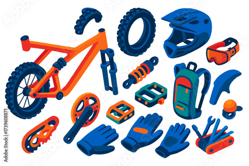 Mountain Biking Essentials. Isometric vector illustration set Mountain biking: MTB frame, thick tires, shock absorber, pedal,