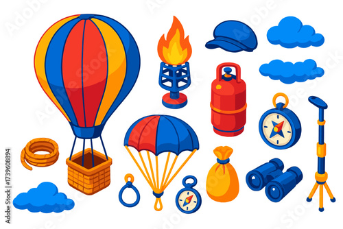Isometric Hot Air Balloon. Isometric vector illustration set Balloon flight: hot air balloon, wicker basket, burner flame, fuel
