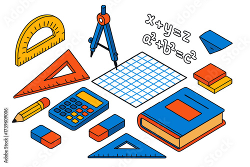 Colorful Geometry Tools. Isometric vector illustration set Geometry class: protractor, compass, triangle ruler, calculator, pencil