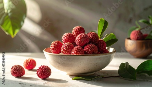 Studio Shot of Bowl Full of Bright Red Rambutan Fruits with Green Leaves and Subtle Shadows on Stone Surface Under Bright Lighting