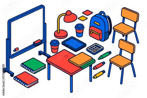 Study Group Essentials. Isometric vector illustration set Student study group: whiteboard, marker, eraser, notebooks, coffee cups,