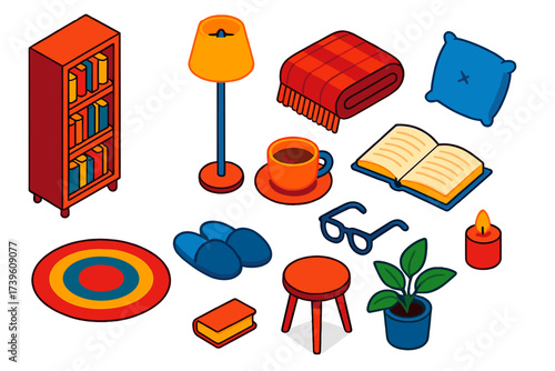 Cozy Reading Icons. Isometric vector illustration set Cozy reading: bookshelf, floor lamp, blanket, cushion, tea cup, open novel,