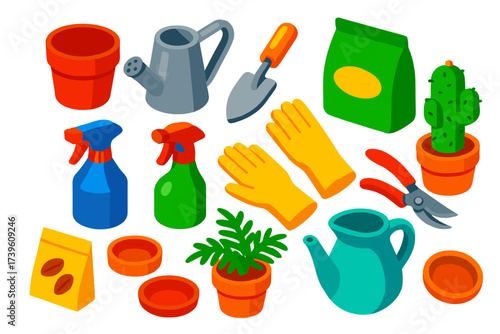 Indoor Gardening Icons. Isometric vector illustration set Indoor Gardening: ceramic plant pot, metal watering can, small trowel,