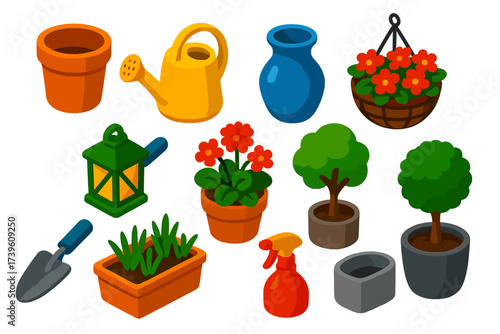 Colorful Garden Pots Set. Isometric vector illustration set Outdoor Pots: terracotta planter, watering can, ceramic vase, hanging