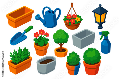 Colorful Garden Pots Set. Isometric vector illustration set Outdoor Pots: terracotta planter, watering can, ceramic vase, hanging