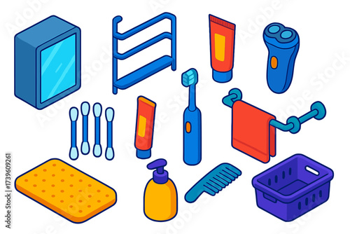 Functional Bathroom Icons. Isometric vector illustration set Functional Bathroom: medicine cabinet mirror, metal frame, adjustable