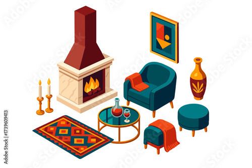 Luxurious Fireplace Scene. Isometric vector illustration set Luxury Fireplace: marble hearth, tall chimney, stacked firewood,